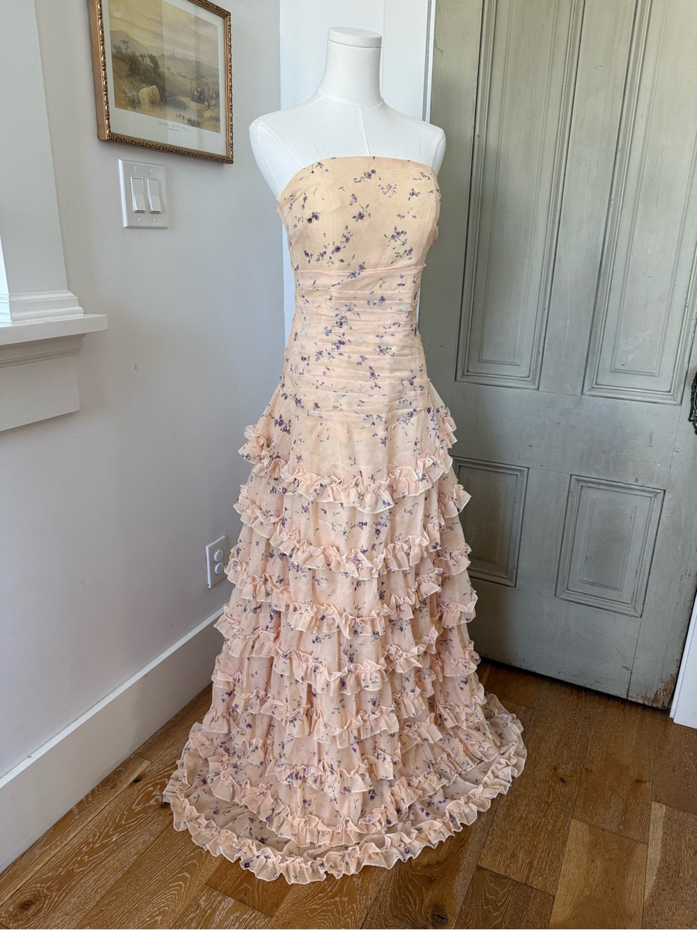 Peach Floral Strapless Ruffle Maxi Dress